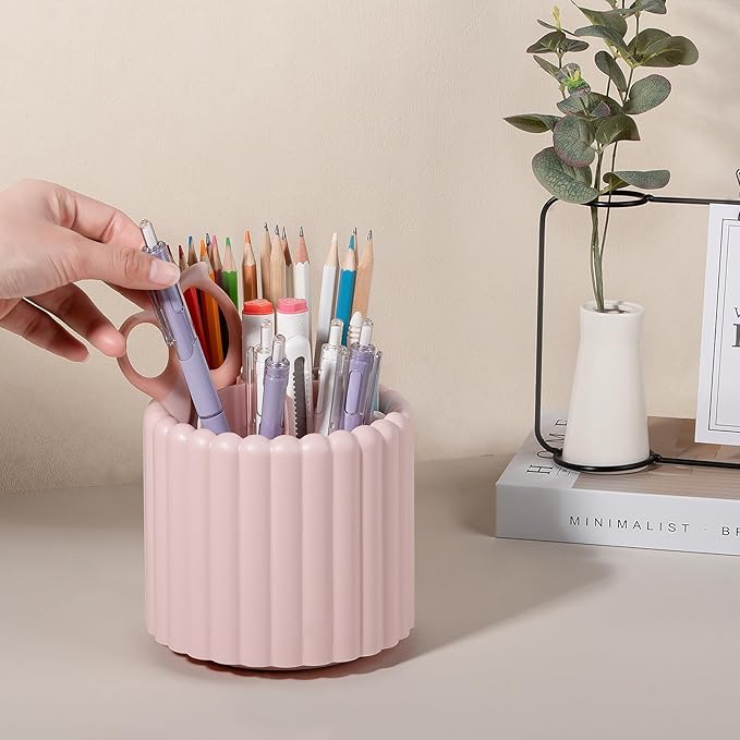 Anyoifax 360° Rotating Pen Holder for Desk Removable Pencil Organizer, Pink | 7 Slots Pen Cup Cute Office Supplies and Accessories Plastic Desktop Storage Box Art Caddy for School, Work, Home