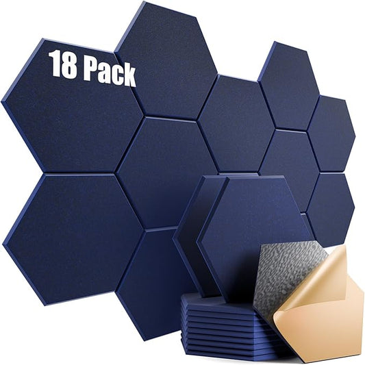 18 Pack Self-Adhesive Acoustic Panels 12" X 10" X 0.4" - Sound Proof Foam Panels for Wall with High Density, Hexagon Design, Flame Resistant, Absorb Noise and Eliminate Echoes(Dark Blue)