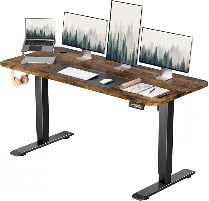 Furmax Electric Height Adjustable Standing Desk Large 55 x 24 Inches Sit Stand up Desk Home Office Computer Desk Memory Preset with T-Shaped Metal Bracke, Brown