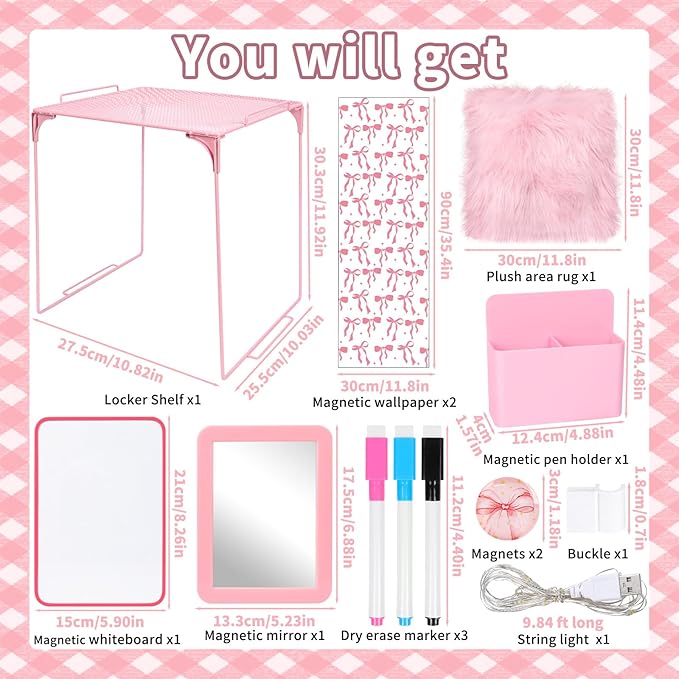 14 PCS Pink Locker Accessories Kit Back to School Locker Decorations Supplies for Girls with Locker Shelf Magnetic Wallpaper Whiteboard Mirror Organizer Markers Rug String Lights and Cute Bow Magnet