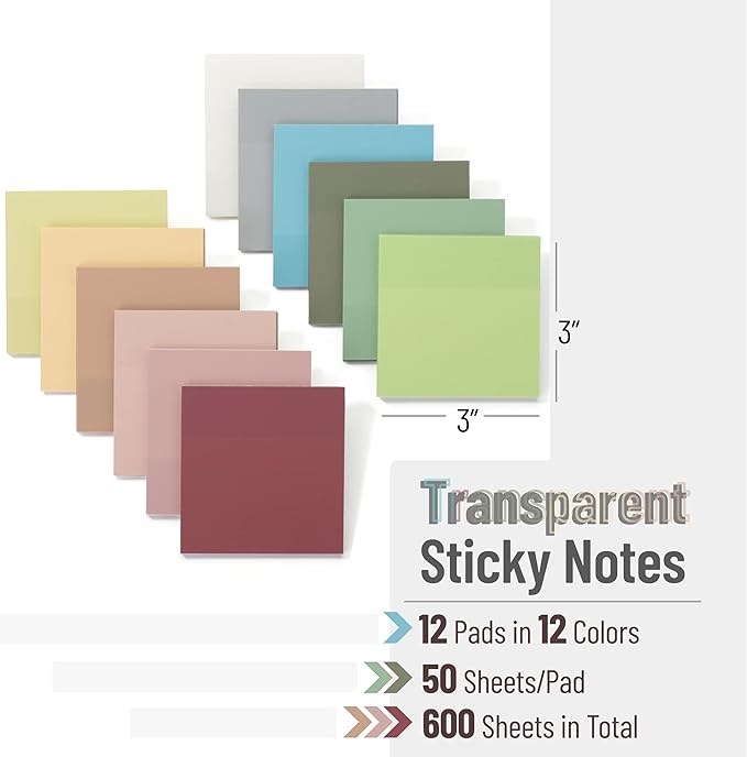 Mr. Pen- Transparent Sticky Notes, 3”x3”, Vintage Colors, 12 Pads, 600 Sheets, Bible Journaling Sticky Notes, See Through Sticky Notes, Translucent Sticky Notes, Stocky Notes for Bible Journaling