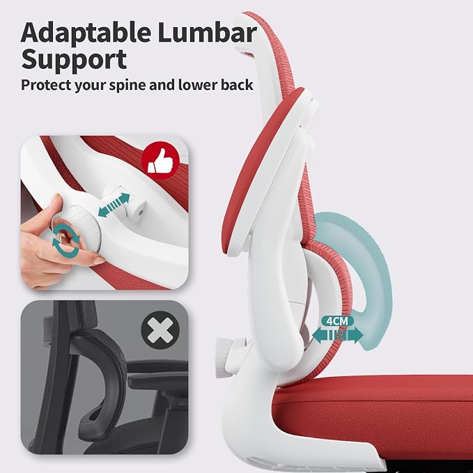 TRALT Office Chair - Ergonomic Desk Chair with Adjustable Lumbar Support, Mesh Computer Chair, Executive Chairs for Home Office Comfortable Lumbar Support (White Red)