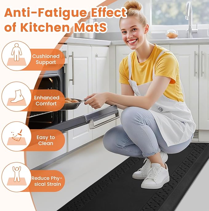4/5 Inch Thicker Kitchen Mats for Floor Non-Slip Anti Fatigue Comfort Mat Waterproof Kitchen Rug for Sink, Office,Home Stain Resistant Standing Desk Rugs-17.3"x 60", Black