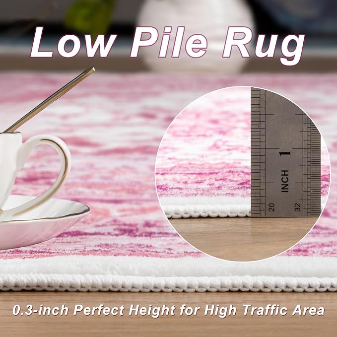 Macgace Bright Pink Area Rug for Girls Bedroom, 3x5 Soft Washable Rugs with Non-Slip Backing for Living Room, Cute Vintage Carpet for Kitchen Laundry Kids Room Decor