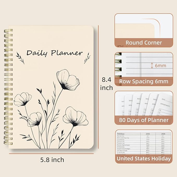 Stanoha Undated Daily Planner - Spiral Notebook 80 Days One Day Per Page, Hourly Schedule, To-Do List, Notes, Everyday Planning Task, A5 Hardcover Journal Organizer Book Women Cute, White Flower