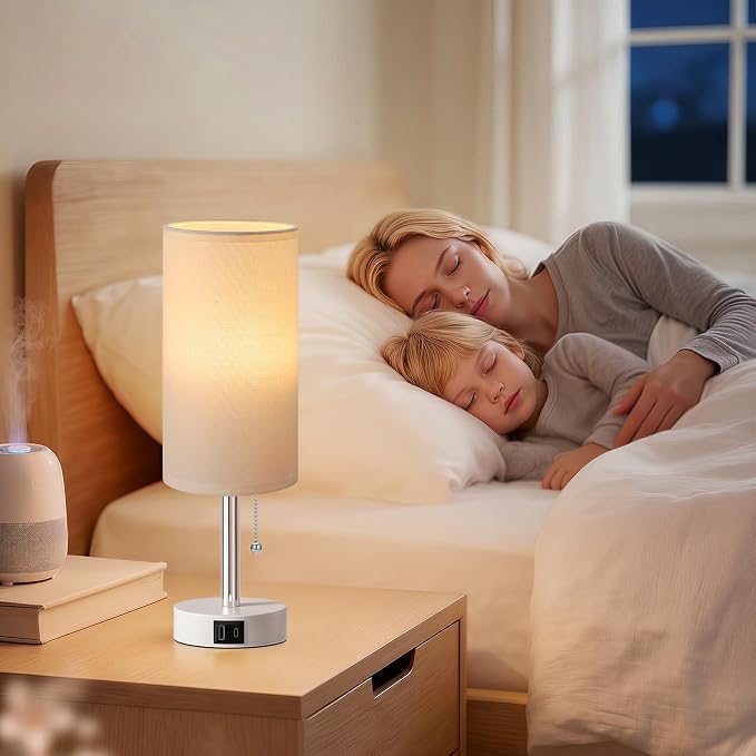 Dicoool Small Bedside Table lamp for Bedroom - 3 Color Modes, Desk Lamp with USB-C and USB-A Charging Ports, Pull Chain, Nightstand Light for Office, Kids Room, Dorm Lamp