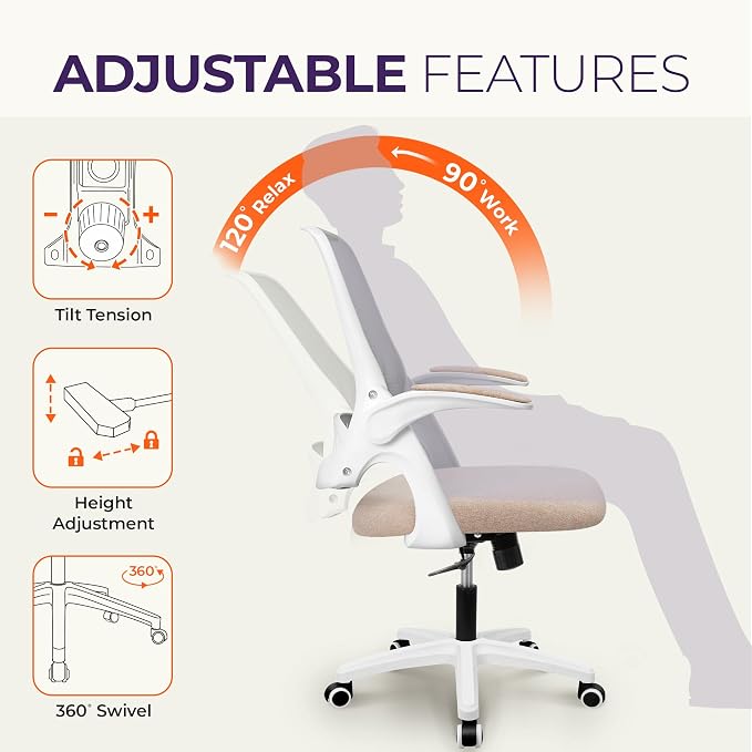 NEO CHAIR Office Desk Gaming Ergonomic Computer Chair with Lumbar Back Support Adjustable Height Swivel Rolling Wheels Flip-up Arms Mesh Chair for Home Vanity (Beige)