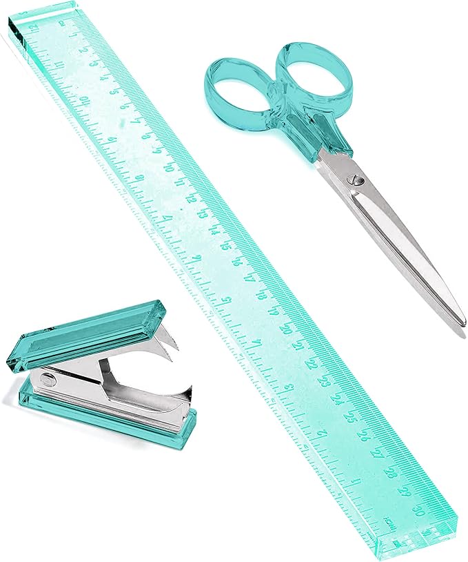 3-Piece Acrylic Desk Set, Green with Silver Metal | Ruler, scissors, and staple remover set, Functional and elegant desk accessories, Stationery tools for office, and school