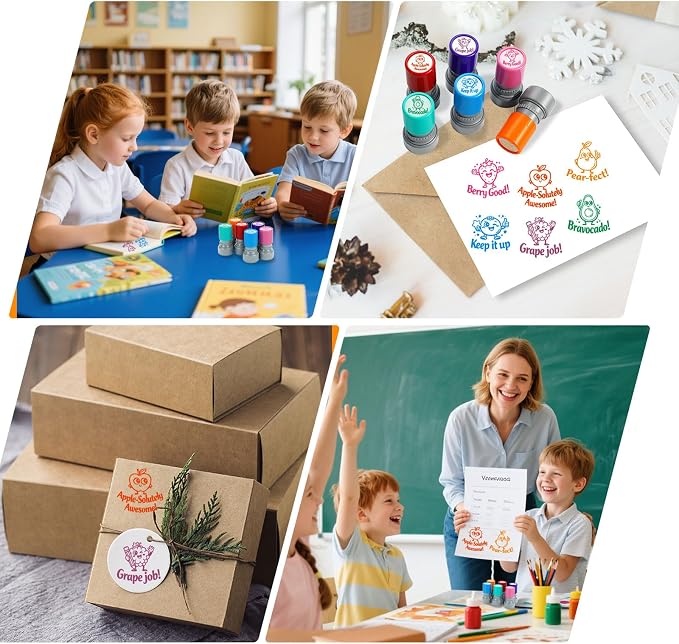 6Pcs Fruit Teacher Stamps for Classroom, New Teacher Appreciation Gifts, Self Inking Grading Stamps Set, Motivational Student Reward Stamps, Classroom Essentials for Elementary