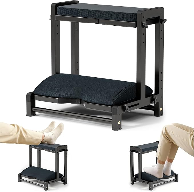 Double Step Foot Rest Under Desk, Adjustable Wooden Desk Foot Rest with 4 Heights, Ergonomic Foot Stool with Cushion for Office, Gaming & Study (Black)
