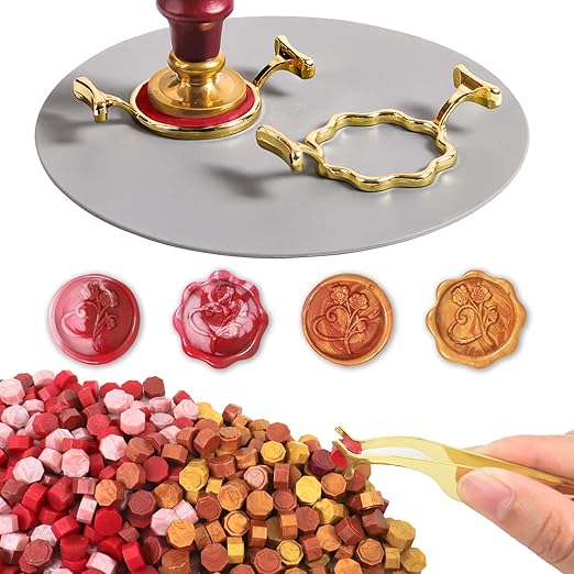 Yelsky 400pcs Wax Seal Kit With 2 Metal Molds in Round Flower Shape, Silicone Craft Mat for 1In Stamp, Beads for Gift Wedding Valentine's Day Cards