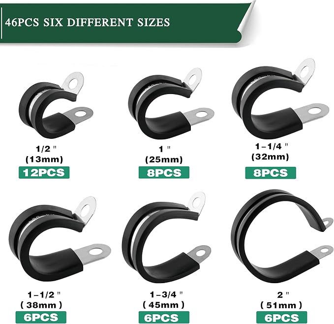 OURU 46PCS Cable Clamps Assortment Kit,Rubber Coated, 1/2"-2" 6 Sizes | 304 Stainless Steel, Anti-Vibration, Rust Resistant, Secure Hold, Automotive Wire, Pipe & Tube Mounting, Cable Management