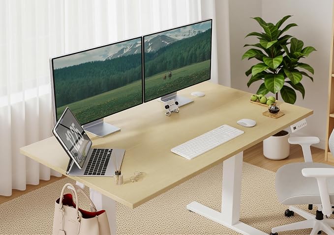 Seang Electric Height Adjustable Standing Desk, 40 x 24 Inch Sit-Stand Workstation with T-Style Frame, 3 Memory Height Options & Built-in Cable Management for Home Office, White Frame/Nature Top