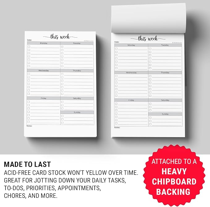 321Done Weekly Checklist Notepad, 5.5x8.5 Size Pad - 50 Tear-Off Sheets, Undated Monday-Sunday Schedule, Daily Task Planner for Home, Office & Student Use - Made in USA