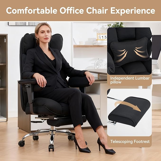 Efomao Big and Tall Office Chair with Footrest - Breathable Mesh Executive Chair, Heavy Duty Computer Desk Chair for Home Office, Ergonomic Lumbar Support & Reclining Mesh Gaming Chair, Black