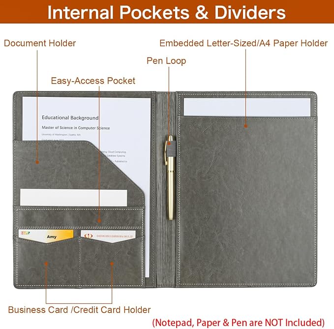 Padfolio Portfolio Binder, Faux Leather Folder, Resume Interview Legal Document Organizer, Letter Sized Writing Pad w/Business Card Holder, A4 Professional Folio for Office Conference (Grey)