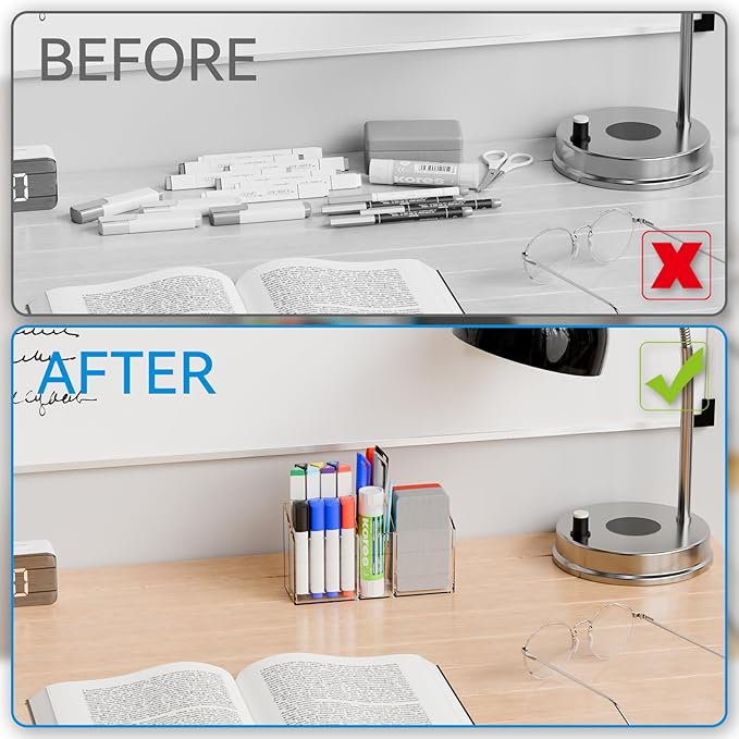 Yieach 2Pack Magnetic Marker Holder for Whiteboard - with Magnet and Adhesive - Non Slip Clear Acrylic Magnetic Pen Cup and Dry Erase Marker Holder for Expo,Refrigerator,Locker and Classroom Organizer
