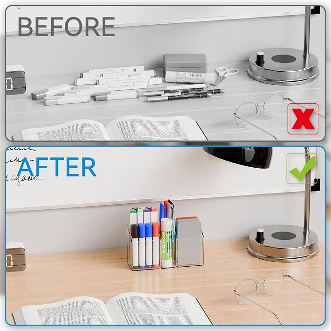 Yieach 2 Pack Magnetic Marker Holder for Whiteboard with Magnet and Adhesive - Non Slip Clear Acrylic Magnetic Pen Cup and Dry Erase Marker Holder for Expo,Refrigerator,Locker and Classroom Organizer