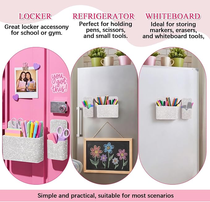 MotiMind 2 Pcs Bling Magnetic Marker Holder Women Girl Locker Accessories Marker Pen Pencil Holder for Refrigerator Whiteboard Sparkly Gift Desk Organizer for School Office(Rhinestone,White)