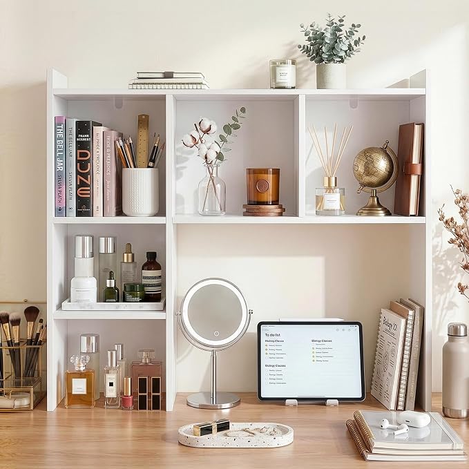 OOOK 35.5" L Dorm Desk Hutch White, Desktop Bookshelf with 5 Shelves | Multipurpose Desk Organizer for Dorm Office Home, 3-Tier Wooden Display Rack for Computer Desk