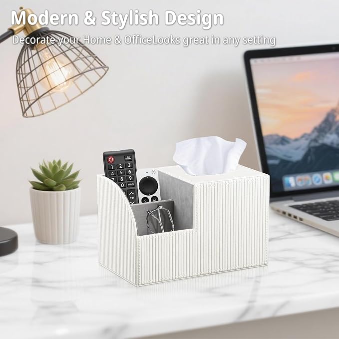 Square Tissue Box Cover with Storage, PU Leather Facial Cube Tissue Holder | TV Remote Control Holder, Desk Accessories Nightstand Organizer, Modern Table Caddy for Bathroom, Bedroom, Home, Office Decor