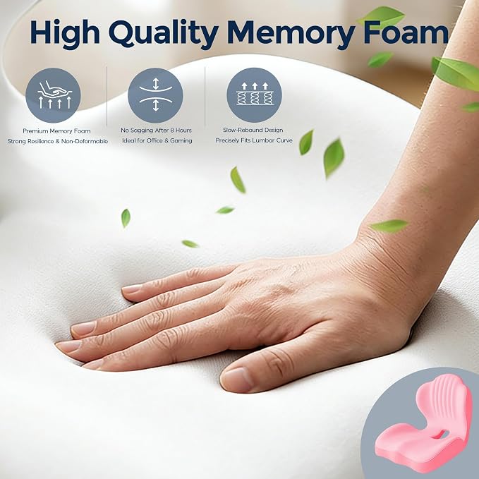 Seat Cushion for Office Chair and Car, L-Shaped Ergonomic Seat Cushions,Memory Foam Orthopedic Cushion with Coccyx Hollow,Lumbar Support & Tailbone Pain Relief for Car, Truck, Home,Gaming Chair,Pink