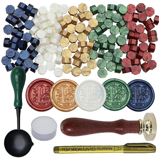 Initial Alphabet Wax Seal Stamp Kit, Retro Letter L Sealing Stamp with 150Pcs Sealing Wax Beads Spoon Pen Set for Wedding Invitations Cards Envelopes (L)