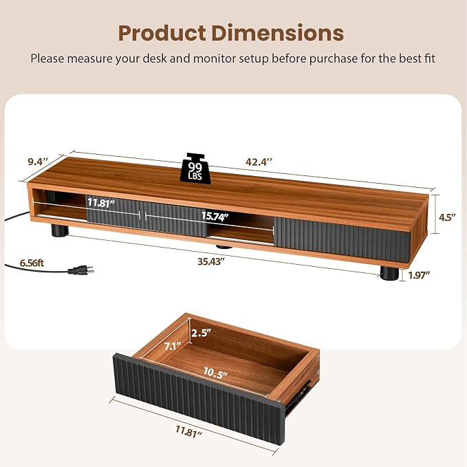 Artswish Dual Monitor Stand with Power Outlet, 42" Walnut Monitor Riser | Built-In Power Outlet, Drawer & Sliding Door Storage, Ergonomic Viewing Height, Walnut Wood Finish, For Office Work & Study