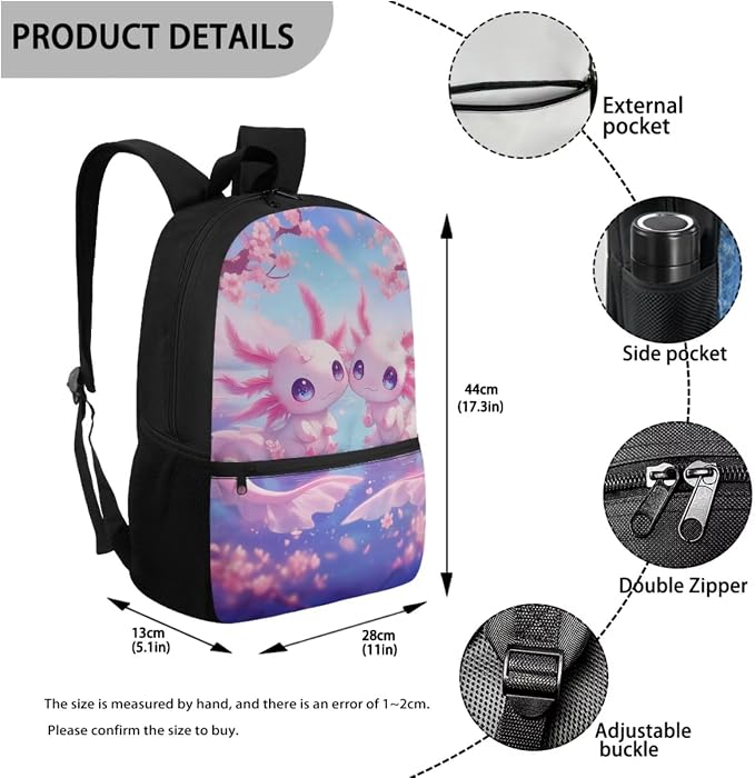 WELLFLYHOM Kid Axolotl School Backpack with Lunch Box for Elementary Girl Back to School Supplies, Pink 17 Inch Cherry Blossom 4 In 1 Bookbag with Wider Strap to Reduce Shoulder Pressure