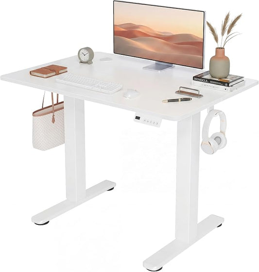Claiks Electric Small Standing Desk, 35x20 Inch, White | Adjustable height for sit-stand, 156lbs capacity, scratch-resistant surface, 3 memory presets, cable management & hook.