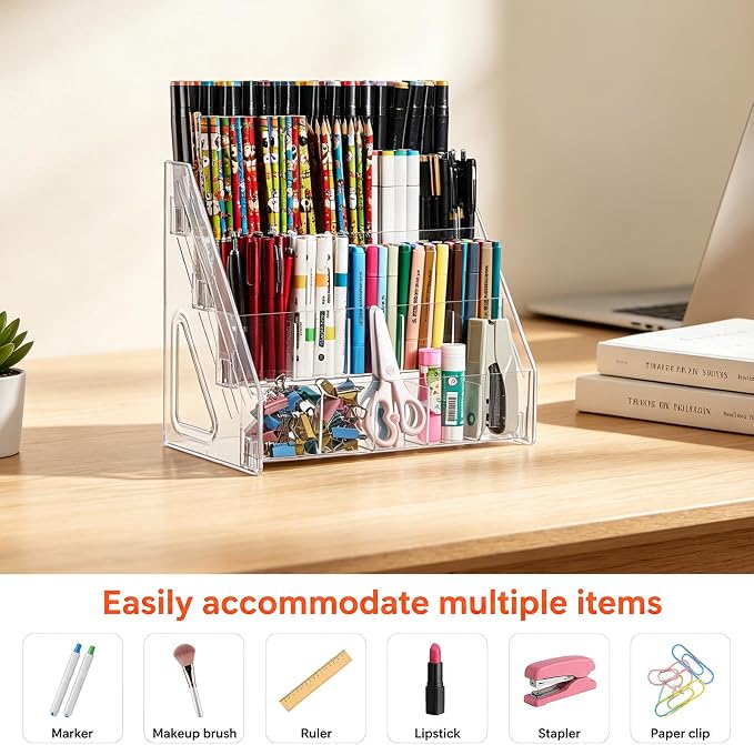 Acrylic Pen Pencil Holder for Desk With 20 Compartment Desk Organizers and Accessories,Durable Material Can Hold Pen Brush Cosmetic Scissor Clip Tape staplers Fit Home Office School(4 Tier)