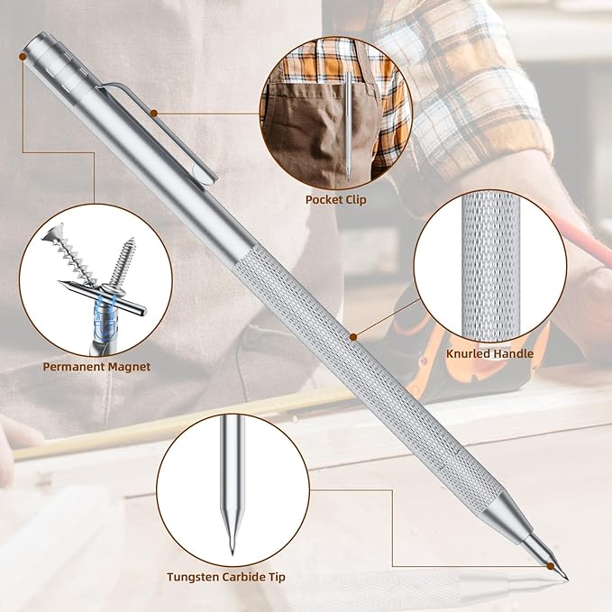 GCHMDE 2-Pack Tungsten Carbide Scriber, Metal Scribe Tool with 25 Replacement Marking Tips & Steel Ruler - Knurled Aluminum Handle & Magnet, Engraving Pen for Glass/Ceramics/Metal Sheet (2)