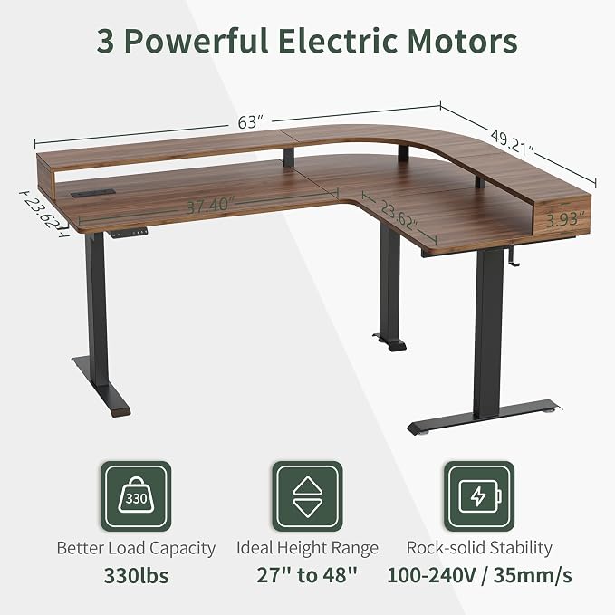 FEZIBO 63"x49" L Shaped Standing Desk with Arc LED & Power Outlet, Electric Height Adjustable L Shaped Desk with Monitor Stand, for Gaming Office, Black Walnut（2 Packages）