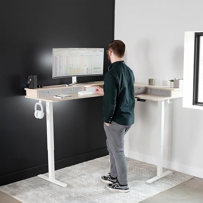 VIVO Electric 2-Tier Corner L-Shaped 63 x 55 inch Standing Desk, Height Adjustable, Memory Controller, Light Wood Top White Frame, Light Gray Drawers, DESK-E3CVC
