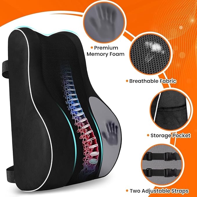 CloudBliss Ergonomic Lumbar Support Pillow – Memory Foam for Lower Back Pain Relief, Adjustable Straps & Mesh Cover for Office, Gaming, Car Seat & Home Essentials (XL, Black)