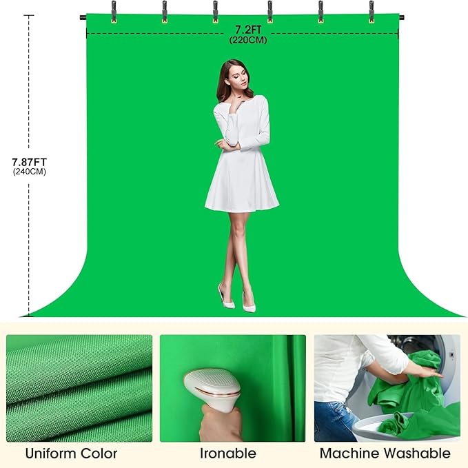Green Screen Backdrop with Stand, 8x7.2ft Portable Greenscreen Background with Stand, T-Shape Green Screen Stand kit with 6 Spring Clamps, Sandbag, Carry Bag for Zoom, Video