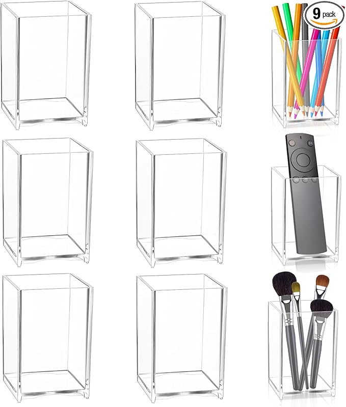 RETON 9 Pack Acrylic Pen Holder, Clear Pencil Organizer for Desk, Makeup Brush Storage, Small Desktop Bookmark Holders for Classroom, Home, Office Stationery (Square)