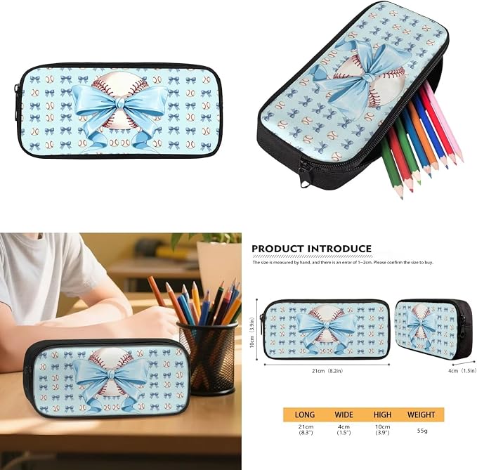 WELLFLYHOM 4 PCS Blue Bow Baseball Backpack for Girls Ages 7-8 | Matching School Bag with Lunch Bag, Pencil Case and Water Bottle Sleeve, Lightweight Daily Storage Backpack for Young Girls