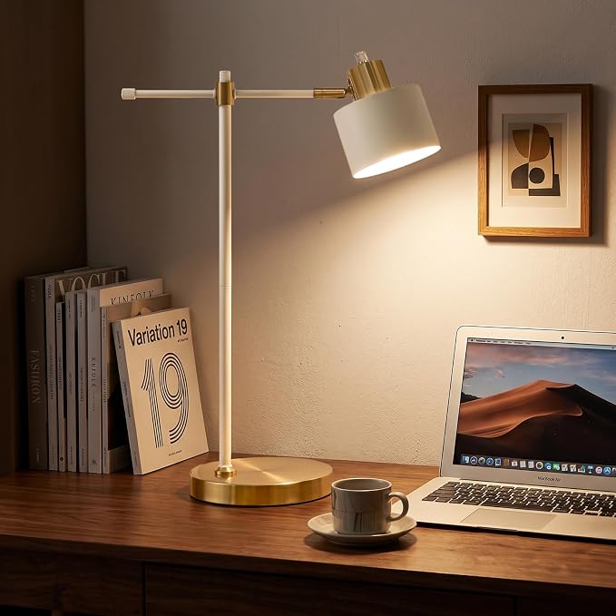 OYEARS 22.2" Modern Desk Lamp, Metal Table Lamp with LED Bulb, Adjustable Reading Lamps for Living Room, Mid Century Task Lamp for Home Office, Industrial Bedside Lamps, Cream and Gold