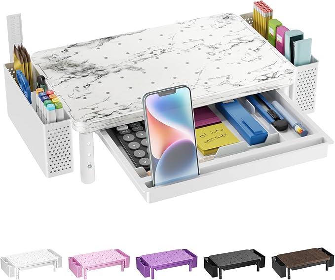 WALI Computer Monitor Stand with Storage, Desk Organizer with Drawer and Pen Holder, Desk Monitor Riser 3 Height Adjustable, Laptop Riser for Computer, Laptop, Printer(PTT003-M), 1 Pack, Marble
