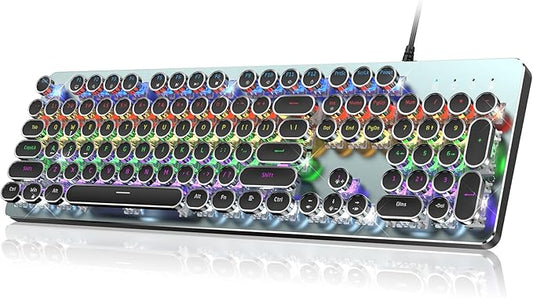 RisoPhy Typewriter Style Mechanical Gaming Keyboard, Metal Panel, Retro Punk Round Keycaps, Clicky Blue Switch, Rainbow LED Backlit, 104 Keys Wired Keyboard, Round Keycaps for PC Laptop Mac Gamer