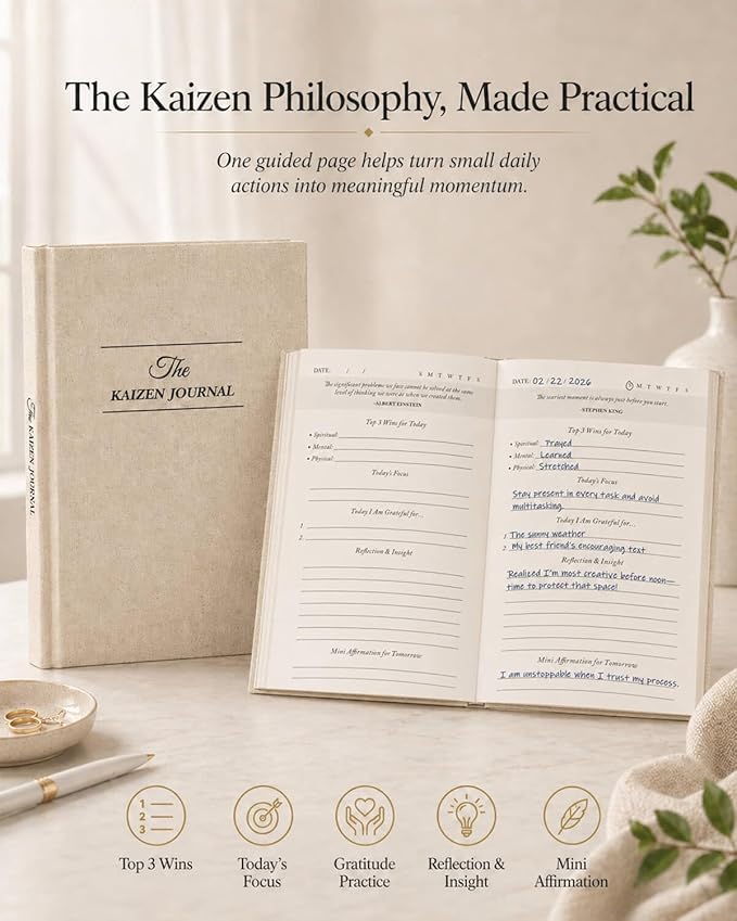 The Kaizen Journal for Self Improvement – Undated Daily Planner & Habit Tracker for Men & Women, Productivity, Focus & Mental Health – 24-Week Goal Planner with Gift-Ready Box, Two Colors (Original Linen)