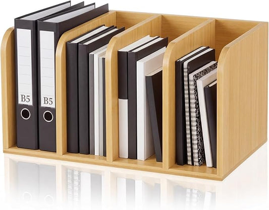 Novabright Bamboo Magazine File Holder Desk Organizer, 4 Vertical Compartments Workspace Sorters for Magazines, Binders, Notebooks, Envelopes