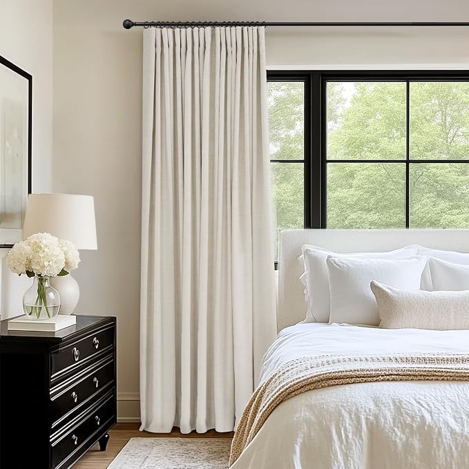 INOVADAY 100% Blackout Curtains for Bedroom, Cream Black Out Curtains 96 Inch Long, Clip Rings Linen Blackout Drapes, Thermal Insulated Room Darkening for Living Room, 1 Panel - W102xL96