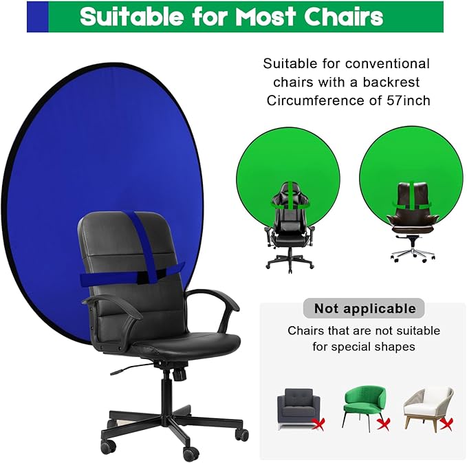 Portable Blue Green Screen Chair, 57 in Greenscreen Backdrop with Stand Double Sided Foldable Green Background, Chroma Key, for Photography Streaming Gaming Photo Zoom Video Chats and Meeting