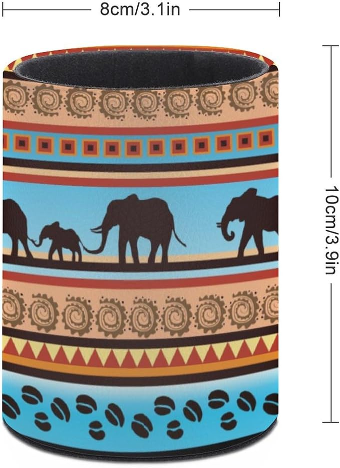 Tribal Ethnic Elephant Pen Holder for Desk PU Pencil Cup Organizer | Round Desks Makeup Brush Holder for School Multifunctional Office Supplies