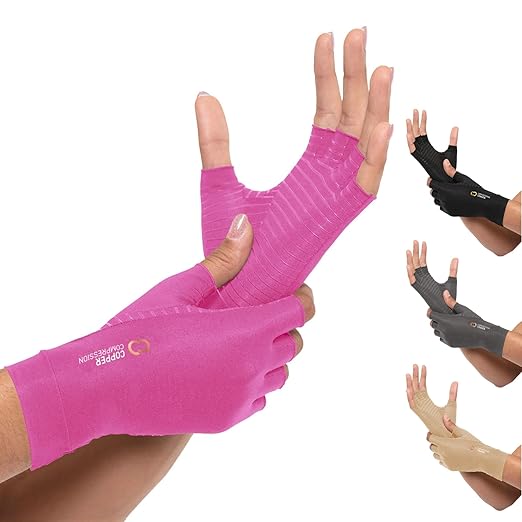 Copper Compression Arthritis Gloves | Fingerless Arthritis Carpal Tunnel Pain Relief for Men & Women | Hand Support Wrist Brace for Neuropathy, Rheumatoid, Tendonitis, Swelling, Crocheting Pink XL
