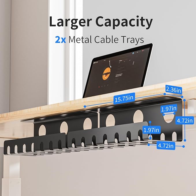 Delamu 2 Pack Metal Under Desk Cable Management Tray, U Channel Cord Organizer Box, Office Under Desk Cord Organizers, Cable Management with Various Accessories, Black, 15.75 Inches