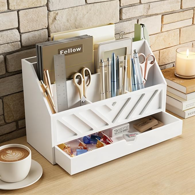 SRIWATANA White Desk Mail Organizer with Drawer, 5 Slot Countertop Sorter | Pull-out Drawer Storage, 5 Compartment Mail Sorter, Holds Letters Bills Envelopes Receipts, for Home Office