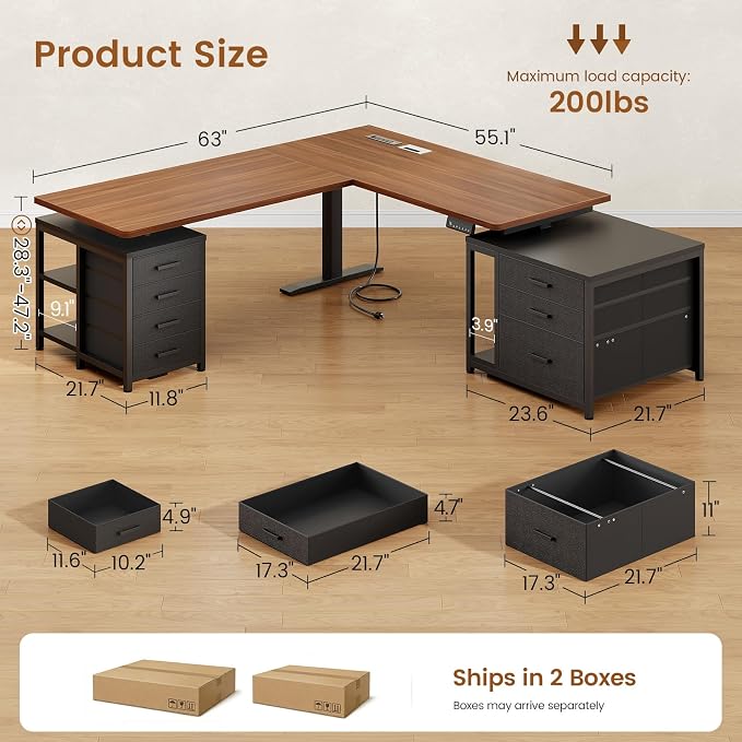 SEDETA 63" L Shaped Electric Standing Desk, Height Adjustable Corner Desk with 7 Fabric Storage Drawers & Power Outlet, 3 Memory Heights, 200lbs Capacity for Home Office Gaming, Black + Brown